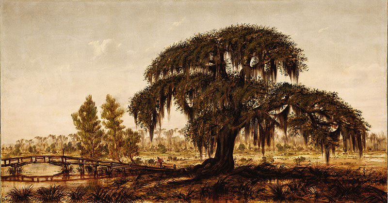 Marshall Joseph Smith, Jr. (American/N. O., 1854): Marshall Joseph Smith, Jr. (American/New Orleans, 1854-1923), "Louisiana Landscape with Live Oak and Men Crossing a Footbridge", oil on canvas, initialed "MJS Jr." lower right, 16 in. x 30 in., antiqu