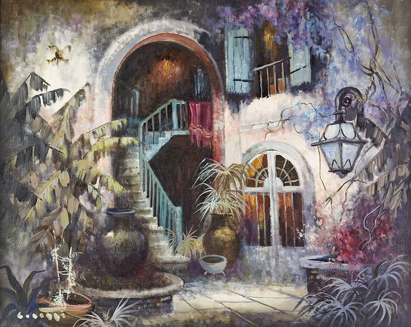 Colette Pope Heldner (American/New Orleans, 1902): Colette Pope Heldner (American/New Orleans, 1902-1990), "Old Brulatour Patio, Royal Street, French Quarter, New Orleans", oil on canvas, signed lower left, signed and titled en verso, 24 in. x 30 in.,