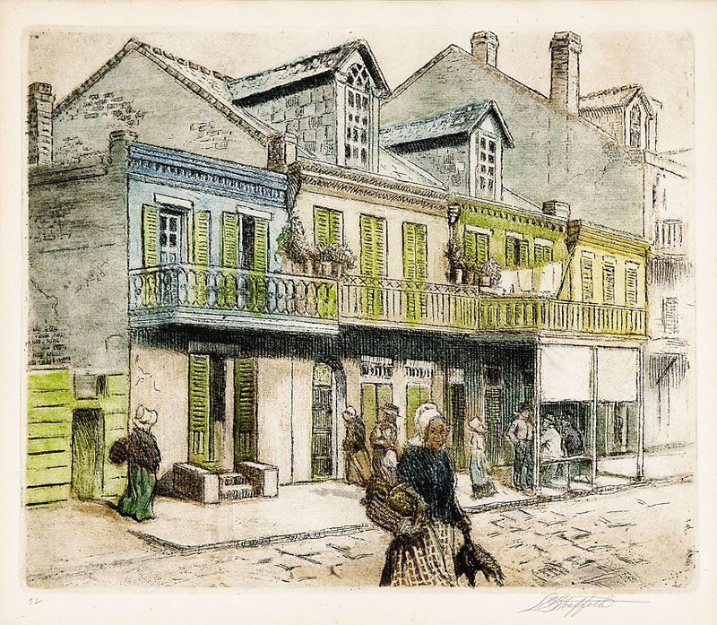Louis Oscar Griffith (American, 1875-1956): Louis Oscar Griffith (American, 1875-1956, active New Orleans 1916-17), "Governor Nicholas (sic) Street, French Quarter, New Orleans", color etching and aquatint, pencil signed lower right, handwritte