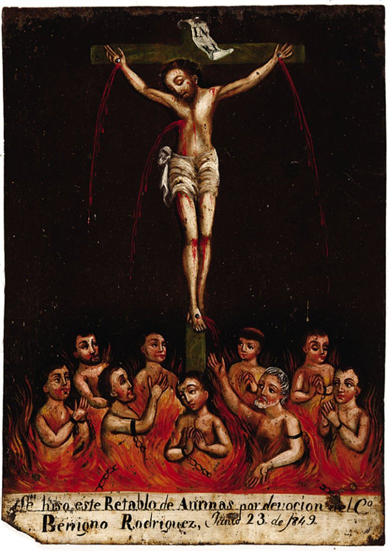 Mexican Retablo: A Mexican Retablo, 19th c., "Devotion of Lost Souls", 1849, oil on tin, dated and inscribed "Carlo Benigno Rodriguez", 14 in. x 10 in., unframed