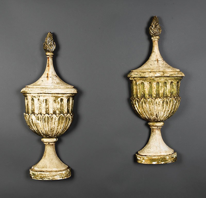 Pair of Continental Cast Stone Wall-Mounted Urns: A Pair of Continental Plaster Wall-Mounted Urns, lidded urns with verdigris patinated fluted body and flame finial, height 33 in., width 13 1/2 in., depth 3 1/2 in