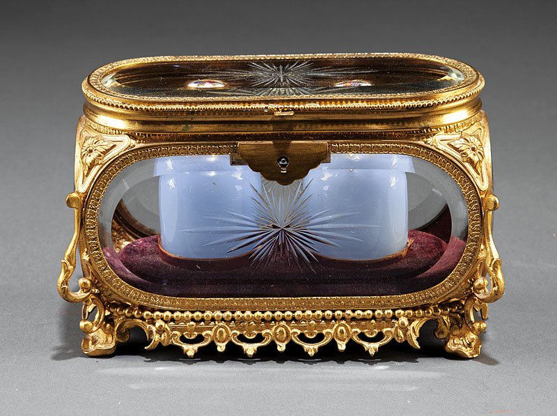 Baccarat-Style Crystal and Gilt Bronze Perfume: A Baccarat-Style Crystal and Gilt Bronze Perfume Box, 19th c., with starburst pattern and floriate mounts, containing two perfume bottles with porcelain stoppers, height 5 in., width 8 in., depth 3 1/