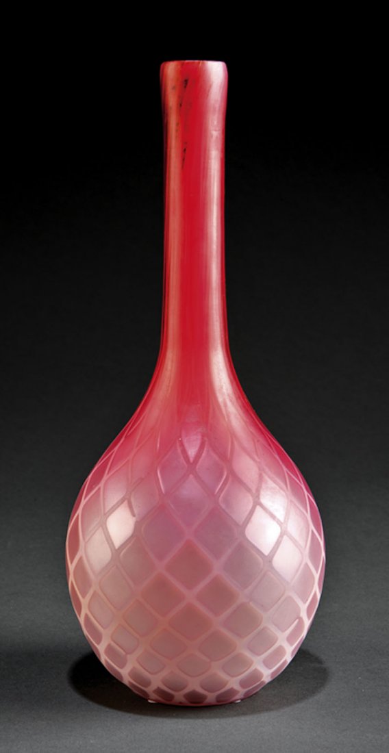 Peachblow Satin Glass Vase: A Peachblow Satin Glass Vase, late 19th c., possibly Thomas Webb and Sons, bottle vase form in white glass cased in red shading to gray-white mother-of-pearl glass in diamond quilt pattern, height 10