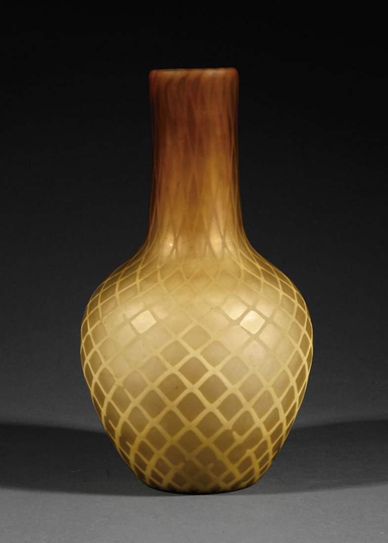 Yellow Peachblow Satin Glass Vase: A Yellow Peachblow Satin Glass Vase, late 19th c., probably Thomas Webb and Sons, bottle vase form in white glass cased in brown shading to gold mother-of-pearl glass in diamond quilt pattern, height