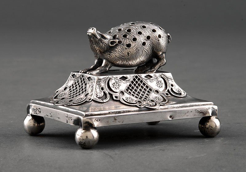 Silver Figural Toothpick Holder, Luigi Merlo: An Italian.800 Silver Figural Toothpick Holder in the Form of a Hedgehog, Luigi Merlo, act. Vicenza 1802-1830, marked with maker's mark, Venice assay mark and Kingdom of Lombardy-Venetia mark for.800