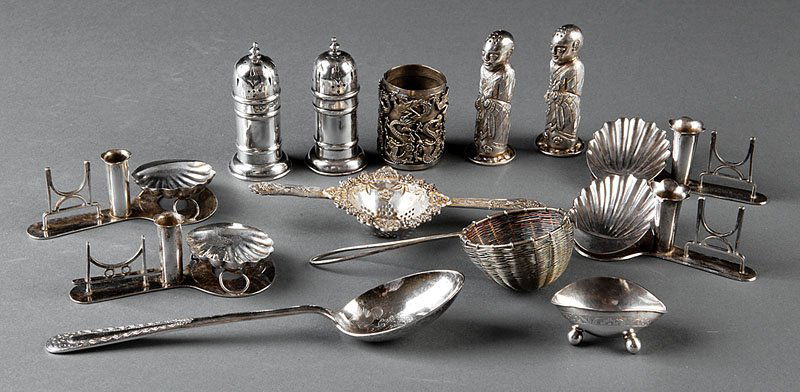 Asian Silver and Silverplate Table Accessories: A Group of Asian Silver and Silverplate Table Accessories, including two figural salt/pepper shakers, marked, height 3 in.; two pairs of spoon and chopstick rests, marked, width 4 in.; a serving spoon