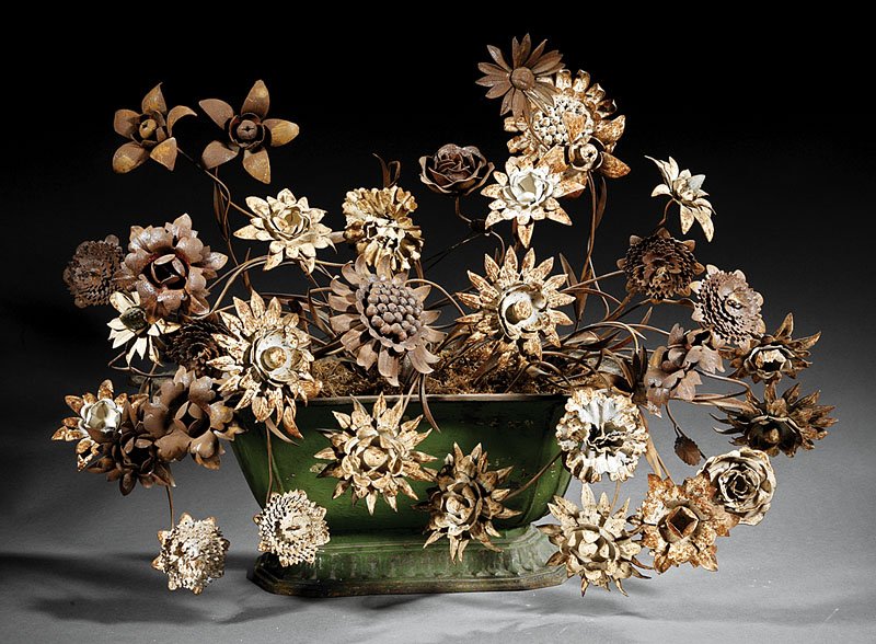 French Iron Urn with Tole Peinte Flowers: An Antique French Iron Urn with Tole Peinte Flowers, 19th c., planter height 9 1/2 in., width 25 in., depth 13 1/2 in.; overall height 24 in., depth 32 in., depth 20 in