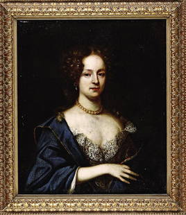 Circle of Willem Wissing (Dutch, 1656-1687): Circle of Willem Wissing (Dutch, 1656-1687, active in England), "Portrait of a Noble Lady", oil on canvas, "Albert du Vannes, New York" label en verso, 30 in. x 25 3/4 in., giltwood frame.