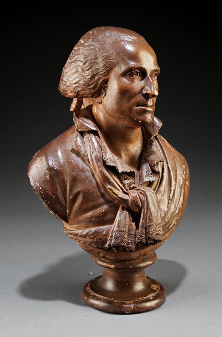A Terracotta Bust of an 18th c. French Gentleman: A Terracotta-Colored Plaster Bust of an 18th c. French Gentleman , height 18 1/2 in., width 12 in., depth 9 in