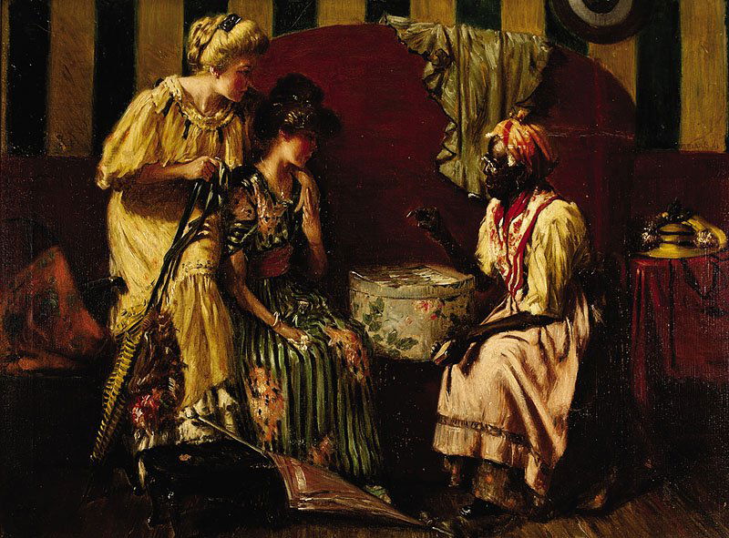 Harry Herman Roseland (American, 1866/68-1950): Harry Herman Roseland (American, 1866/68-1950), "Reading the Tarot Cards", 1911, oil on canvas, signed and dated upper right, 20 1/4 in. x 30 in., framed