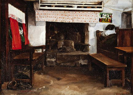 Charles J. Bridgman (American 1841-1895): Charles J. Bridgman (American 1841-1895, active New Orleans, late 19th c.), "Interior by the Fire Place", oil on canvas affixed to board, signed lower left, 10 1/4 in. x 14 1/4 in., framed