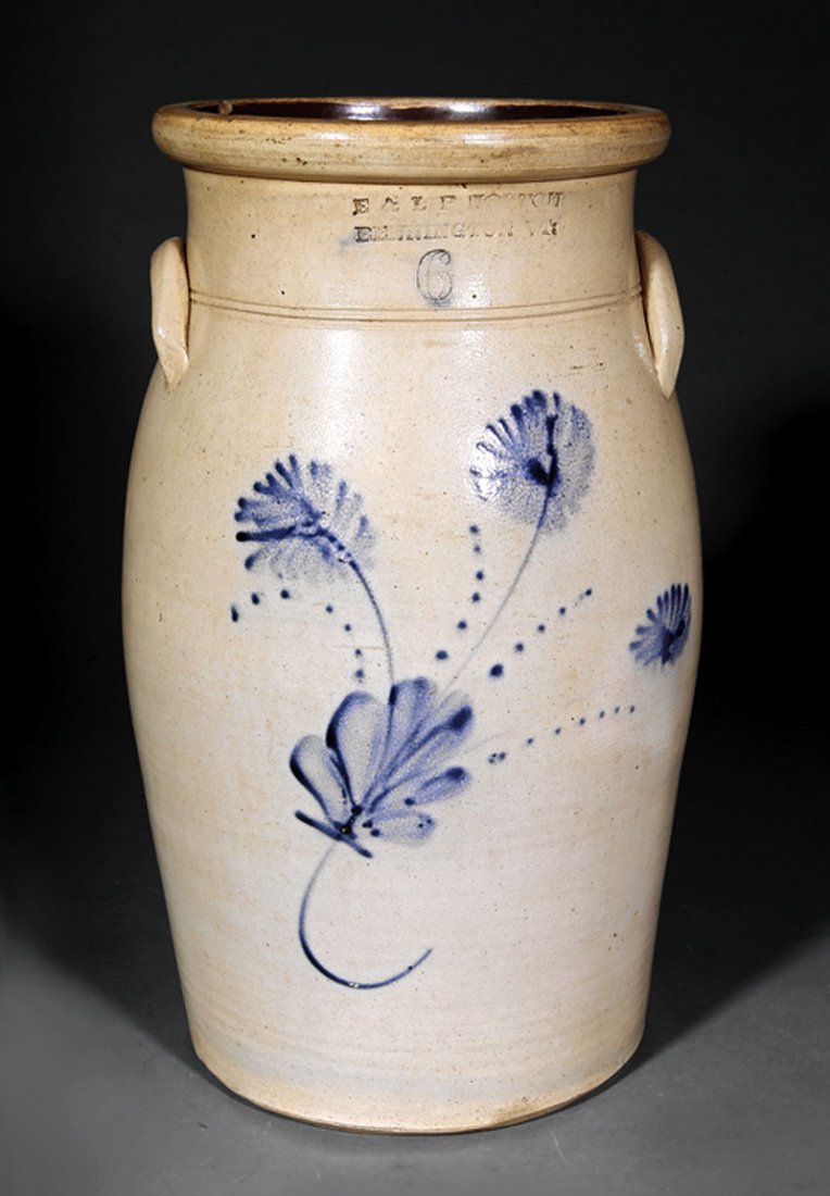 An American Saltglaze Stoneware Six Gallon Churn: An American Saltglaze Stoneware Six Gallon Churn, E. and L.P. Norton (active 1861-1881), Bennington, VT, floral decoration, height 19 in. Provenance: Acquired from Marion L. Larson, Ft. Worth, TX, 199