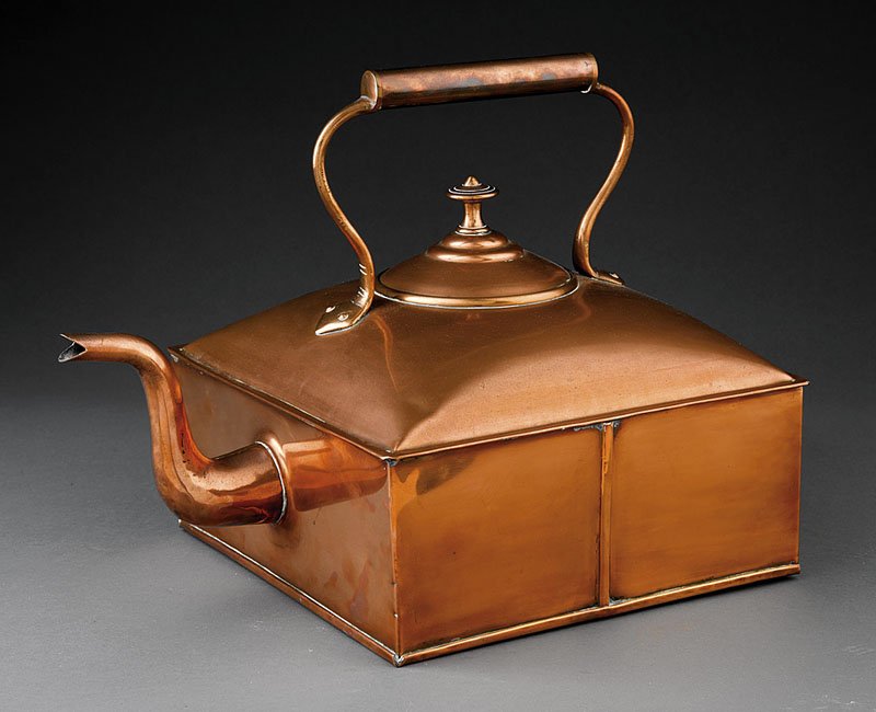 A Copper Hot Water Kettle: A Large Copper Hot Water Kettle, prior to mid-19th c., square form, height 13 1/2 in., length 12 in., width 12 in. Provenance: Marguerite Riordan, CT