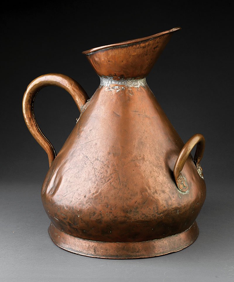 A Antique Copper Ale Measure: A Large Antique Copper Ale Measure, marked with two crowns inside spout, two riveted handles, height 19 in