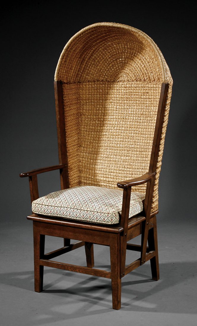 An Orkney Island Oak and Woven Straw Hooded Chair: An Orkney Island Oak and Woven Straw Hooded Chair, late 19th/early 20th c., arched back, slip seat, scroll arms, square legs, box stretcher