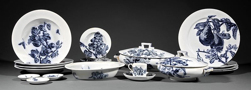 Group of English Ironstone Dinnerware: A Group of English Transfer-Decorated Ironstone Dinnerware, c. 1880, Brown Westhead Moore & Co., decorated with various fruits, comprising a pair of lidded serving dishes, an open vegetable, a demitas