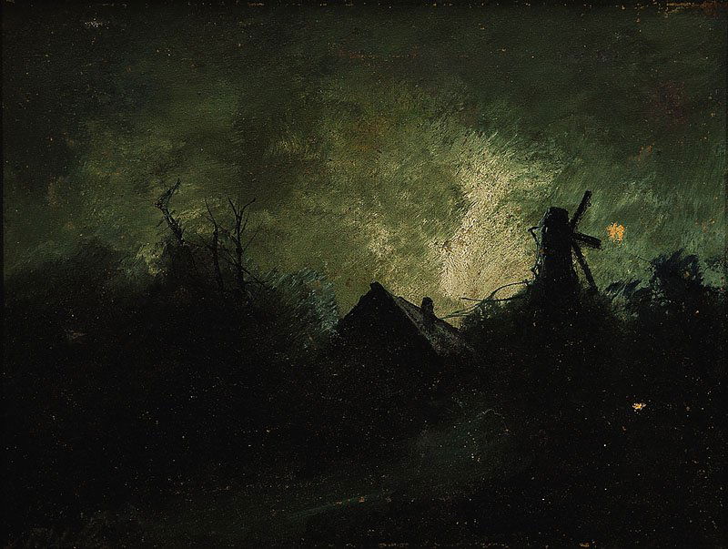 Dutch School, 19th/20th c: Dutch School, 19th/20th c., "Moonlit Landscape with Cottage and Windmill", oil on canvas, signed "T. Willy" lower left, 9 in. x 12 in., framed. Provenance: Acquired from Alonzo Lansford, New Orleans,