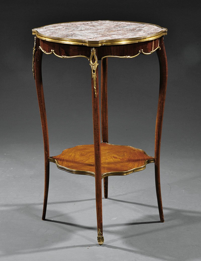 A Louis XV-Style Kingwood Gueridon: A Louis XV-Style Gilt Bronze-Mounted Kingwood Gueridon, shaped marble top, conforming base, cabriole legs, stretcher shelf, height 28 7/8 in., diameter 19 in