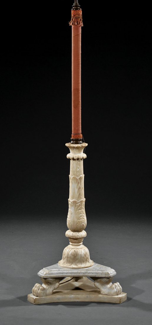 A Belle Epoque Carved Marble Floor Lamp: A Belle Epoque Carved Marble Floor Lamp, c. 1910, fabric covered wood and acanthus-carved marble standard, incurvate triangular base with paw feet, height to socket 60 in., diameter 16 in