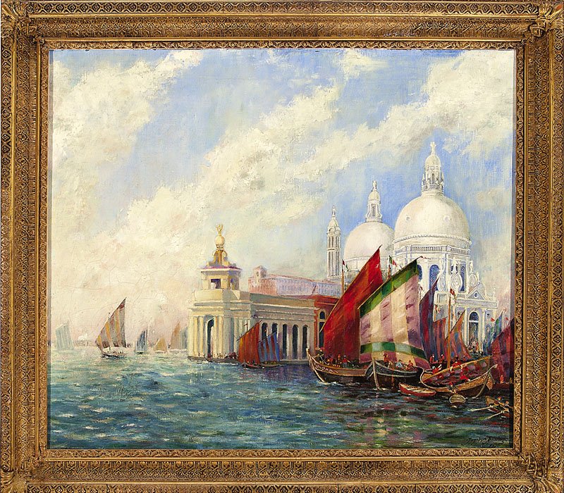 J.T.W. Jennings (American, b. 1846): J.T.W. Jennings (American, b. 1846), "Basilica di Santa Maria della Salute, Venice", 1925, oil on canvas, signed and dated lower right, partial artist's label en verso, 21 3/4 in. x 26 1/2 in., antiqu