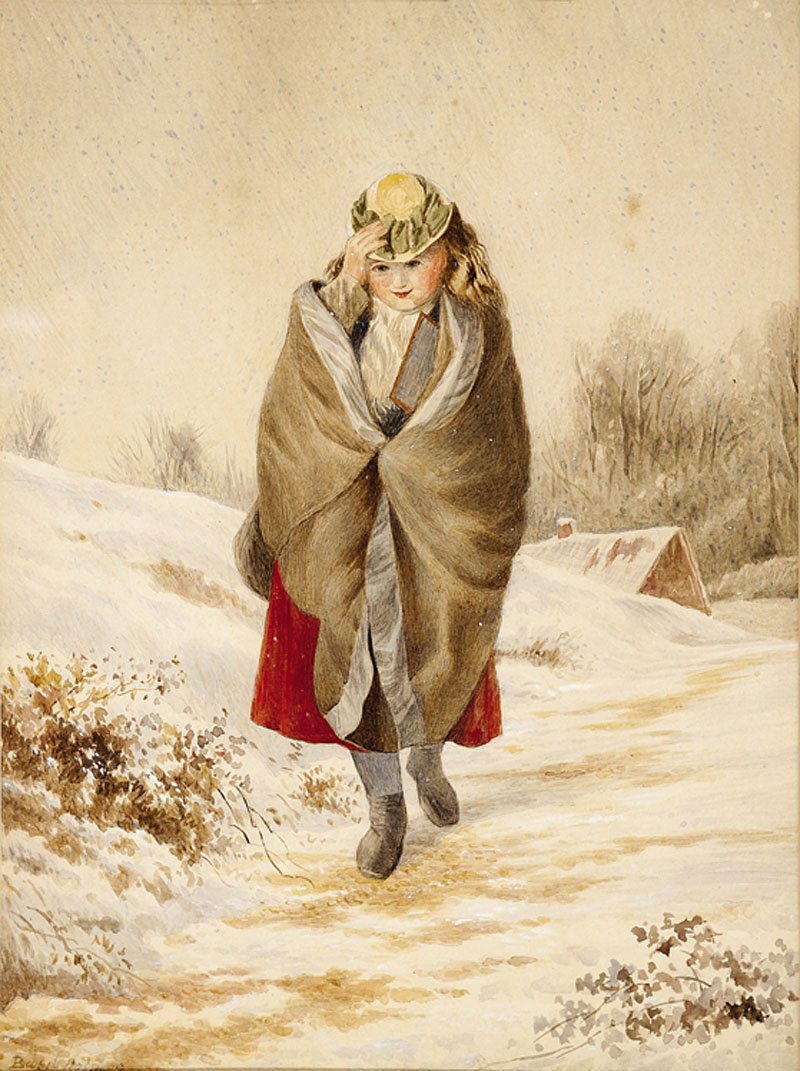 Basil Holmes (British, active 1844-1850): Basil Holmes (British, active 1844-1850), "Girl Walking to School on a Winter Day", watercolor on paper, signed lower left, sight 16 in. x 12 in., framed