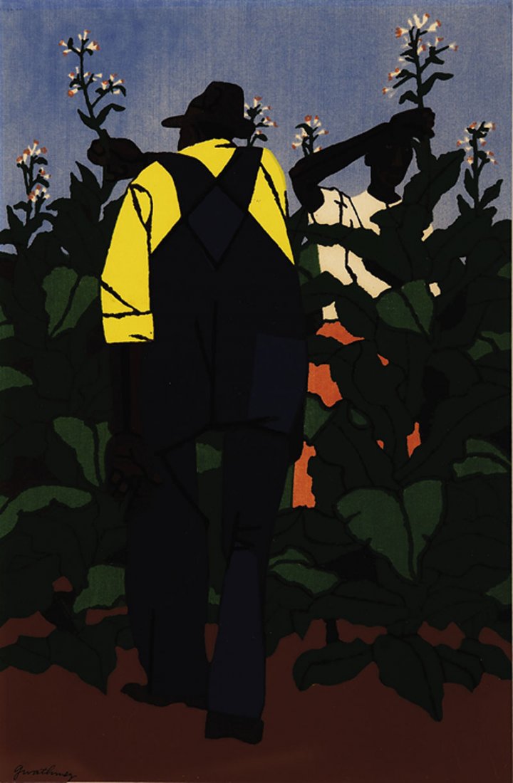 Robert Gwathmey (American/Virginia, 1903-1988): Robert Gwathmey (American/Virginia, 1903-1988), "Topping Tobacco", 1947, color serigraph, pencil signed lower left, "The Charleston Renaissance Gallery" label and "Charlton Hall Galleries, Columbia, S
