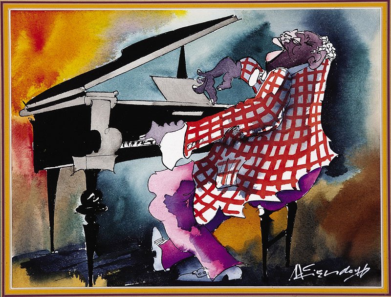 Leo Meiersdorff (German/Louisiana, 1934-1994): Leo Meiersdorff (German/Louisiana, 1934-1994), "Jazz Piano Player", watercolor, signed lower right, sight 11 1/2 in. x 15 1/2 in., framed