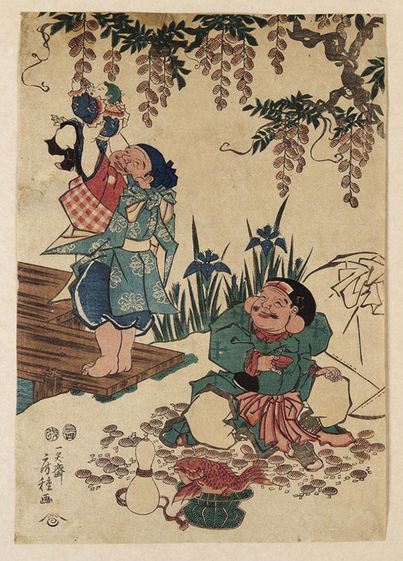 Utagawa Fusatane (Japanese, active 1849-1870): Utagawa Fusatane (Japanese, active 1849-1870), "Ebisn and Daikokn Frolicking", woodblock print, sheet 14 in. x 9 3/4 in., unframed