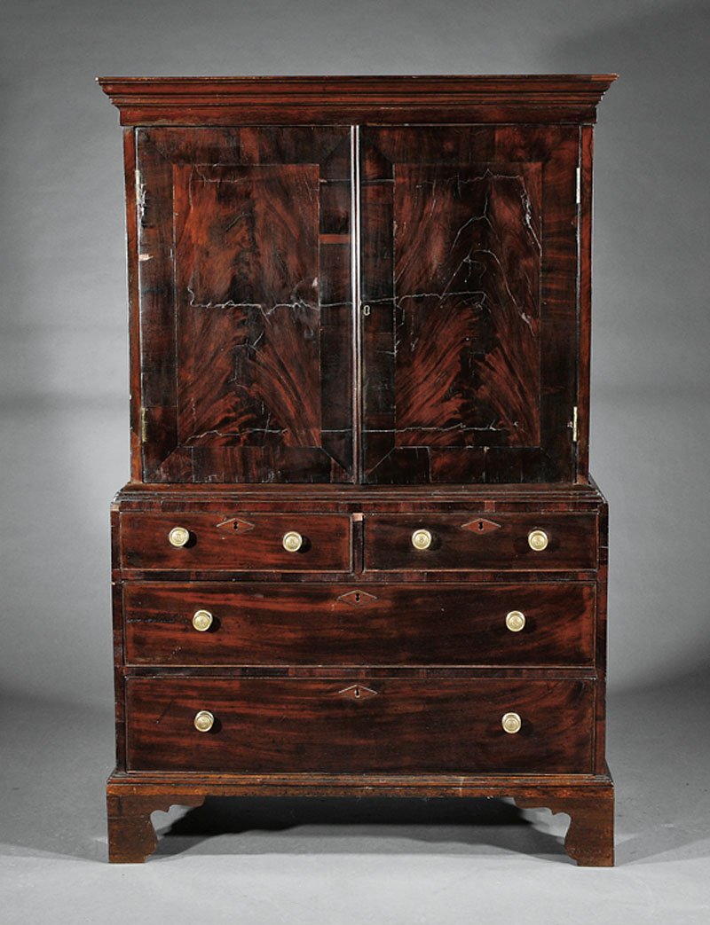 An Antique George III-Style Mahogany Linen Press: An Antique George III-Style Mahogany Linen Press, molded cornice, pair of crossbanded doors, shelf interior, base with two over two drawers on shaped bracket feet, height 65 3/4 in., width 41 1/2 in.,