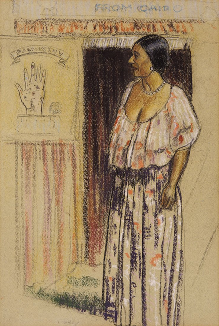 William A. Foley, Jr. (American/Texas, b. 1926): William A. Foley, Jr. (American/Texas, b. 1926), "The Fortune Teller: Palmistry From Cairo", pastel, signed lower left, "Koch Galleries, Mobile, Alabama" label en verso, sight 14 5/8 in. x 10 in., fra