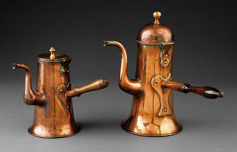 Two Antique Copper Coffee Pots: Two Antique Copper Coffee Pots, hinged tops, ball finials, riveted wood handles, tallest height 12 in