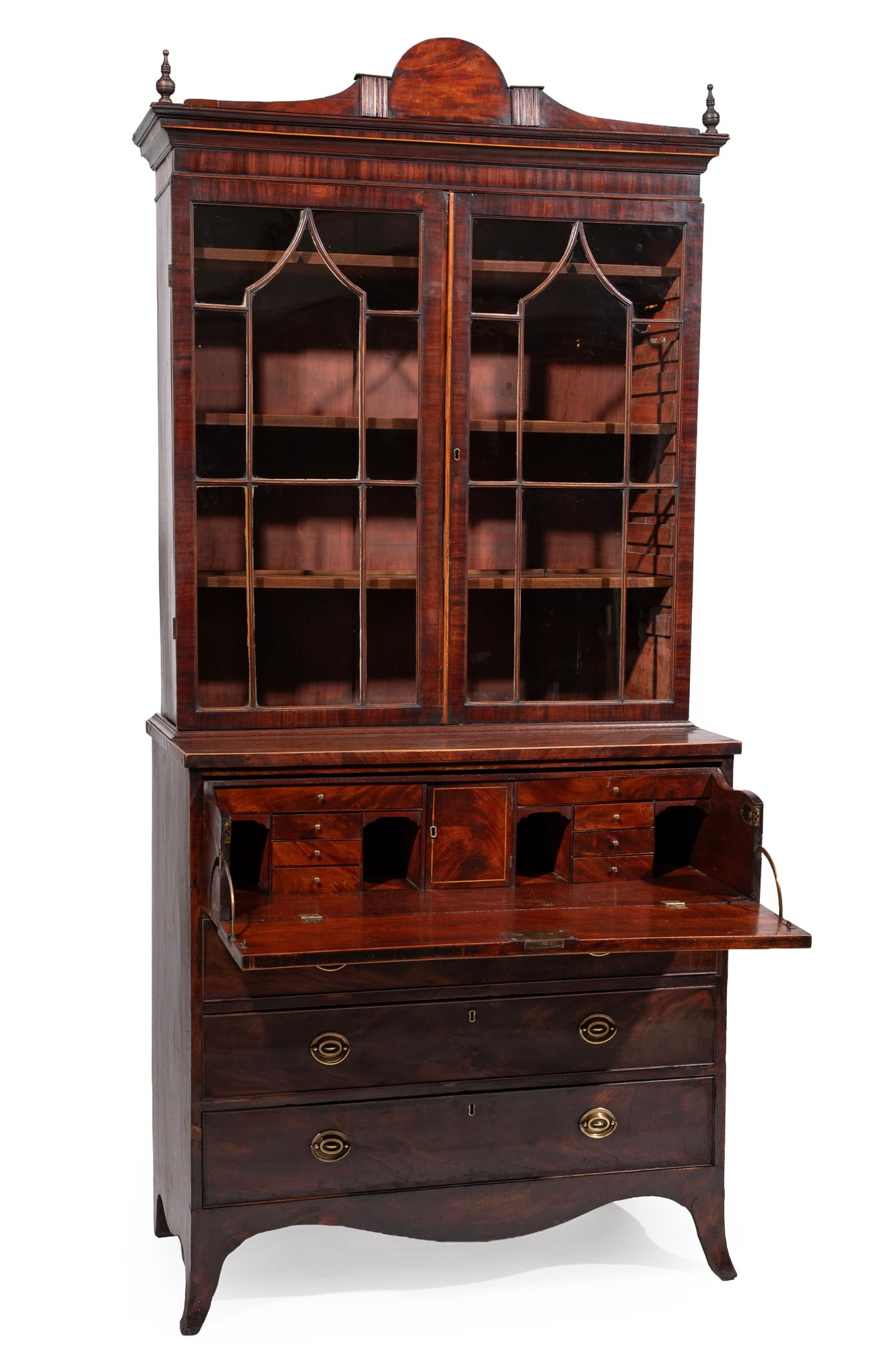 Georgian Inlaid Carved Mahogany Secretary Bookcase: Georgian Inlaid Carved Mahogany Secretary Bookcase late 18th c., arched crest with flanking finials, molded glazed doors, fall front escritoire drawer with fitted interior, three drawers, shaped