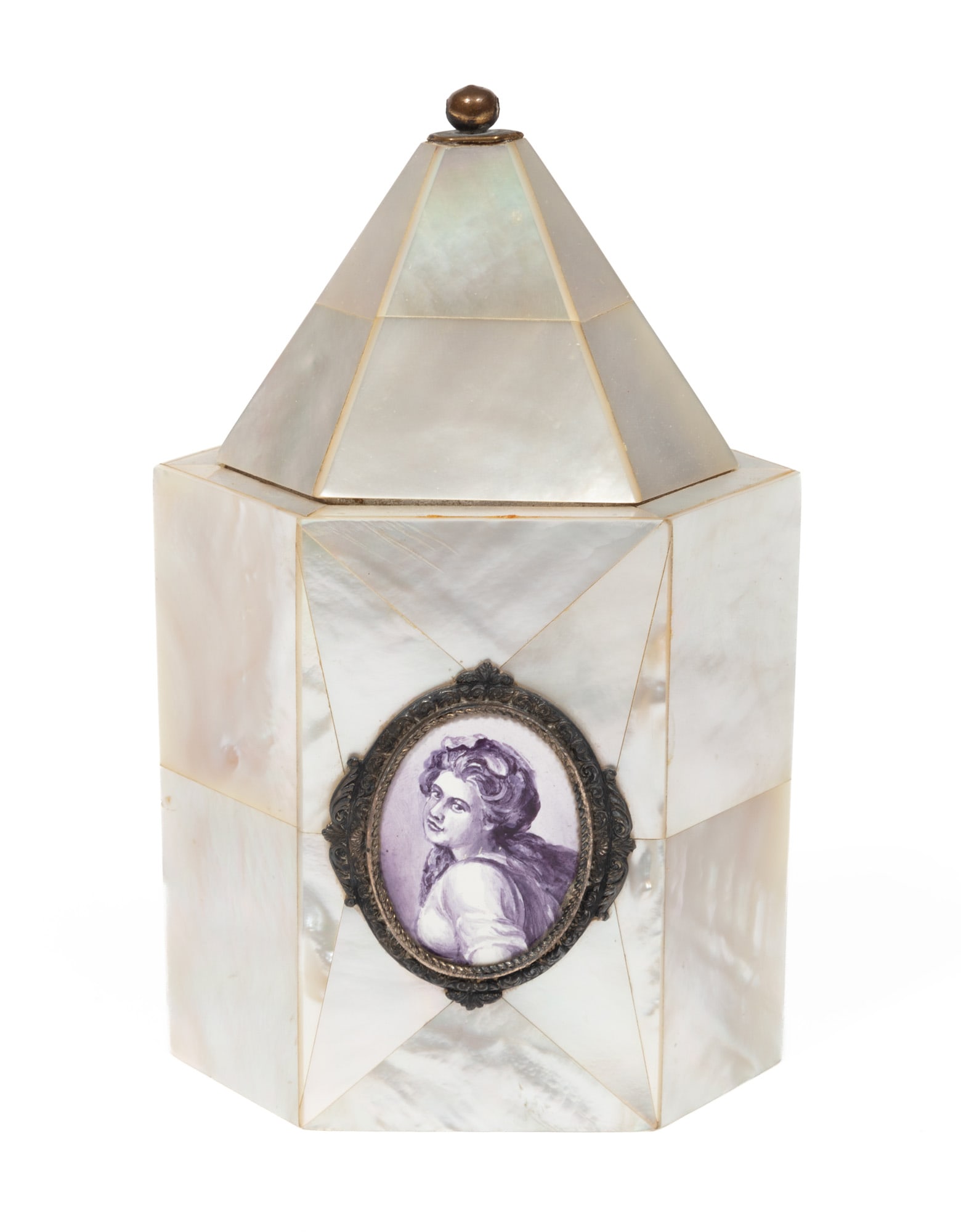 Antique English Mother-of-Pearl Tea Caddy: Antique English Mother-of-Pearl Tea Caddy 19th c., hexagonal form, mounted with porcelain grisaille portraits, interior with foil lining, h. 5 1/8 in., w. 3 1/4 in., d. 2 7/8 in.