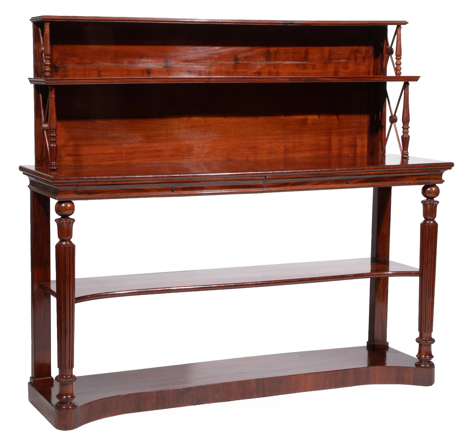 Regency Carved Mahogany Open Bookcase/Server: Regency Carved Mahogany Open Bookcase/Server 19th c., labeled on verso Garde-Meubles Odoul 51, Rue Bichat, Paris, two tiered superstructure, X form supports, two frieze drawers, lobed tapered supports