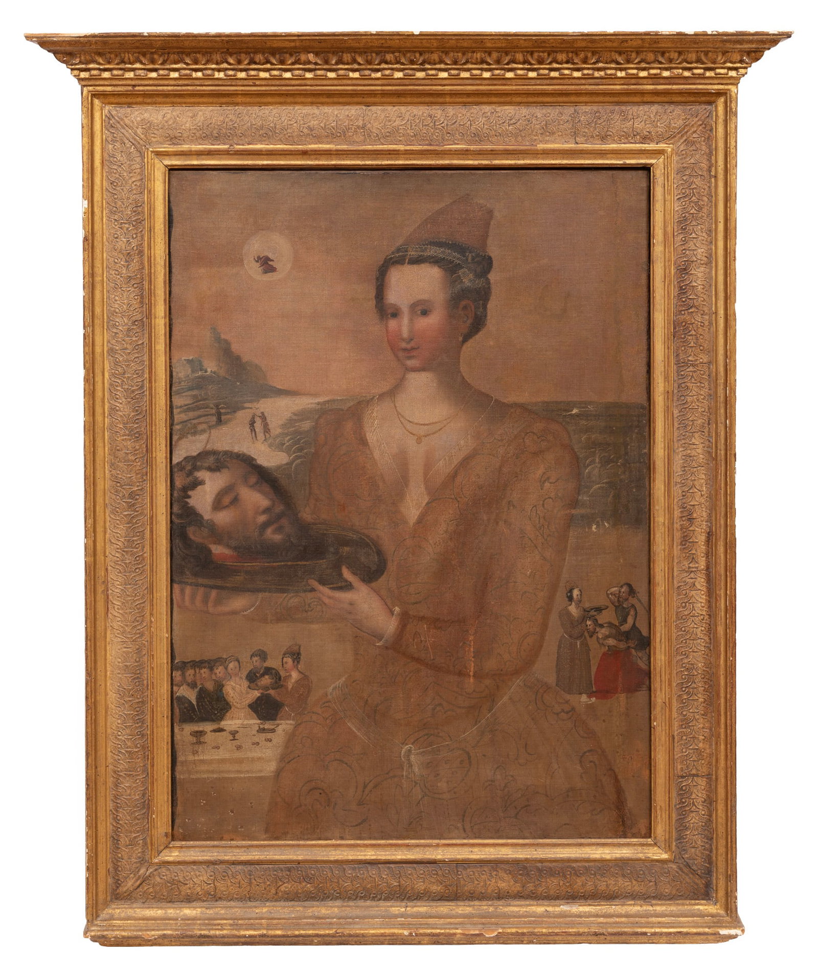 Italian School, 16th/17th c., Salome with Head of John the Baptist, oil on canvas: Italian School 16th/17th c. "Salome with Head of John the Baptist" oil on canvas unsigned, framed. 32 3/8 x 23 in. (82.2 x 58.4 cm.), Frame: 43 1/8 x 35 1/8 x 4 3/4 in. (109.5 x 89.2 x 12.1 cm.)