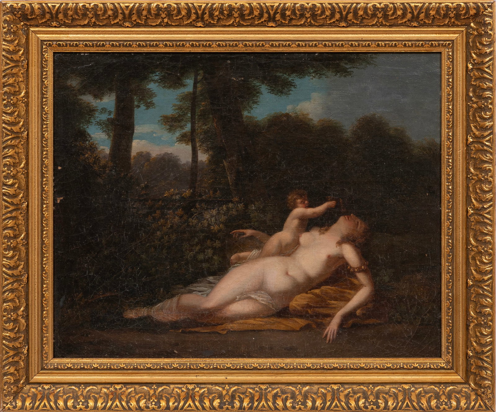 Continental School, 18th c., "Venus and Cupid", oil on canvas: Continental School 18th c. "Venus and Cupid" oil on canvas unsigned, "Dorotheum" label with title and date and handwritten label on reverse of frame, framed. 13 x 16 in. (33 x 40.6 cm.), Frame: 16 1/4