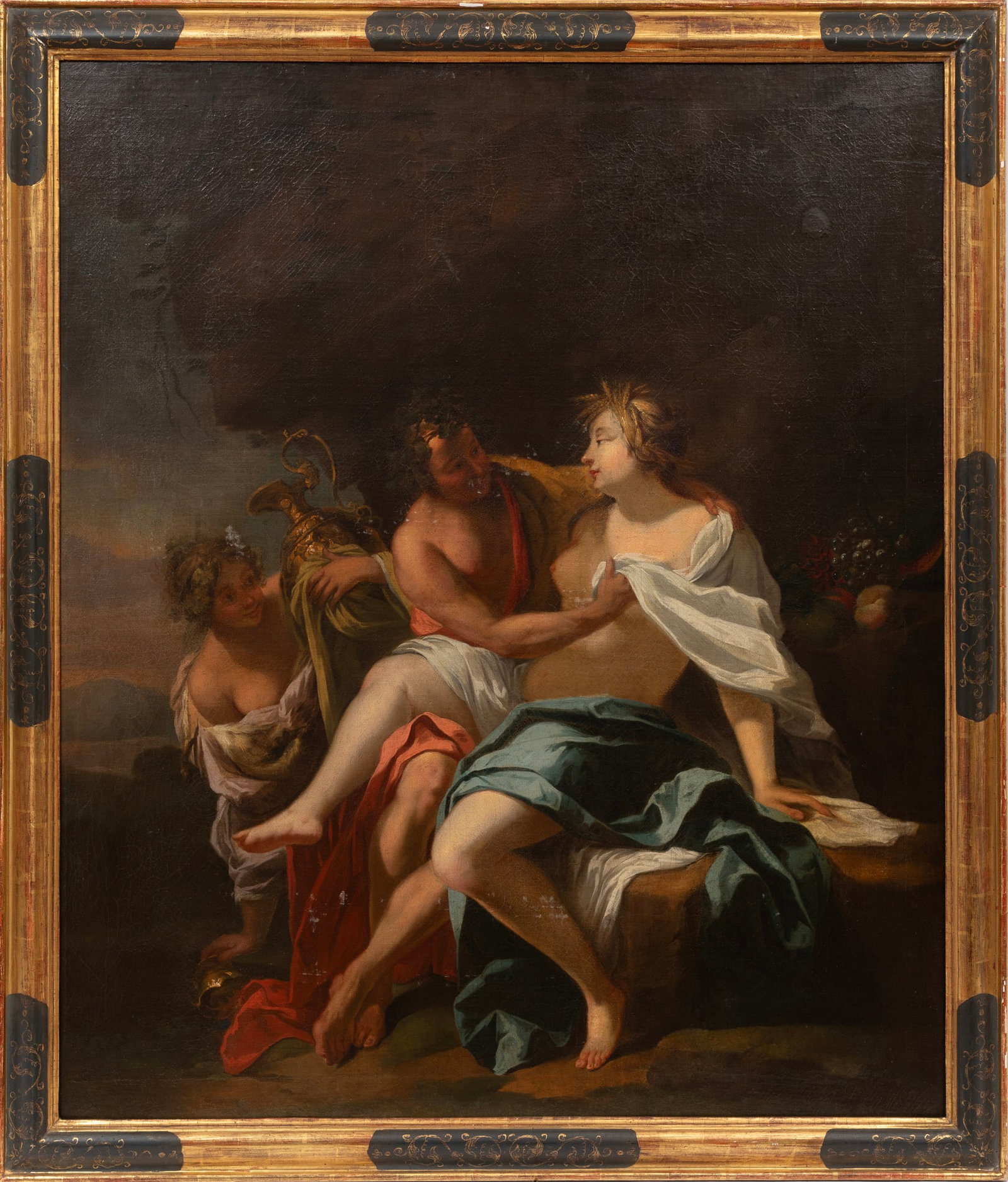 French School, 18th c., Bacchus and Ceres, oil on canvas: French School 18th c. "Bacchus and Ceres" oil on canvas unsigned, "Dorotheum" label with title and date and handwritten label on reverse of frame, framed. 47 3/4 x 40 in. (121.3 x 101.6 cm.), Frame: 5