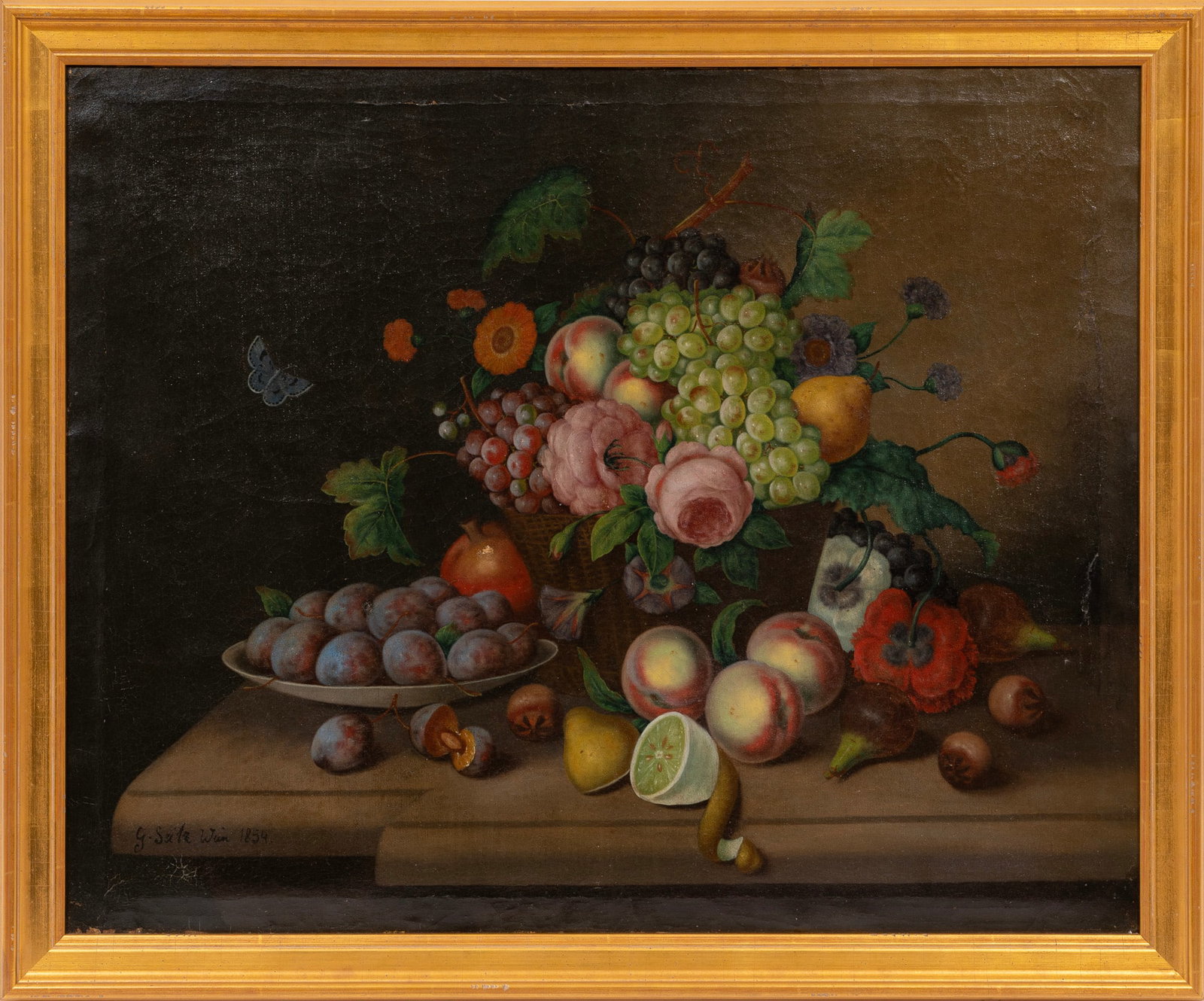 Johann Georg Seitz, Still Life of Flowers and Fruit with Butterfly, 1854, oil on canvas: Johann Georg Seitz German/Austria, 1810-1870 "Still Life of Flowers and Fruit with Butterfly" oil on canvas 1854, signed, dated and localized "Wien" lower left, signed on stretcher, framed. 21 3/4 x 2