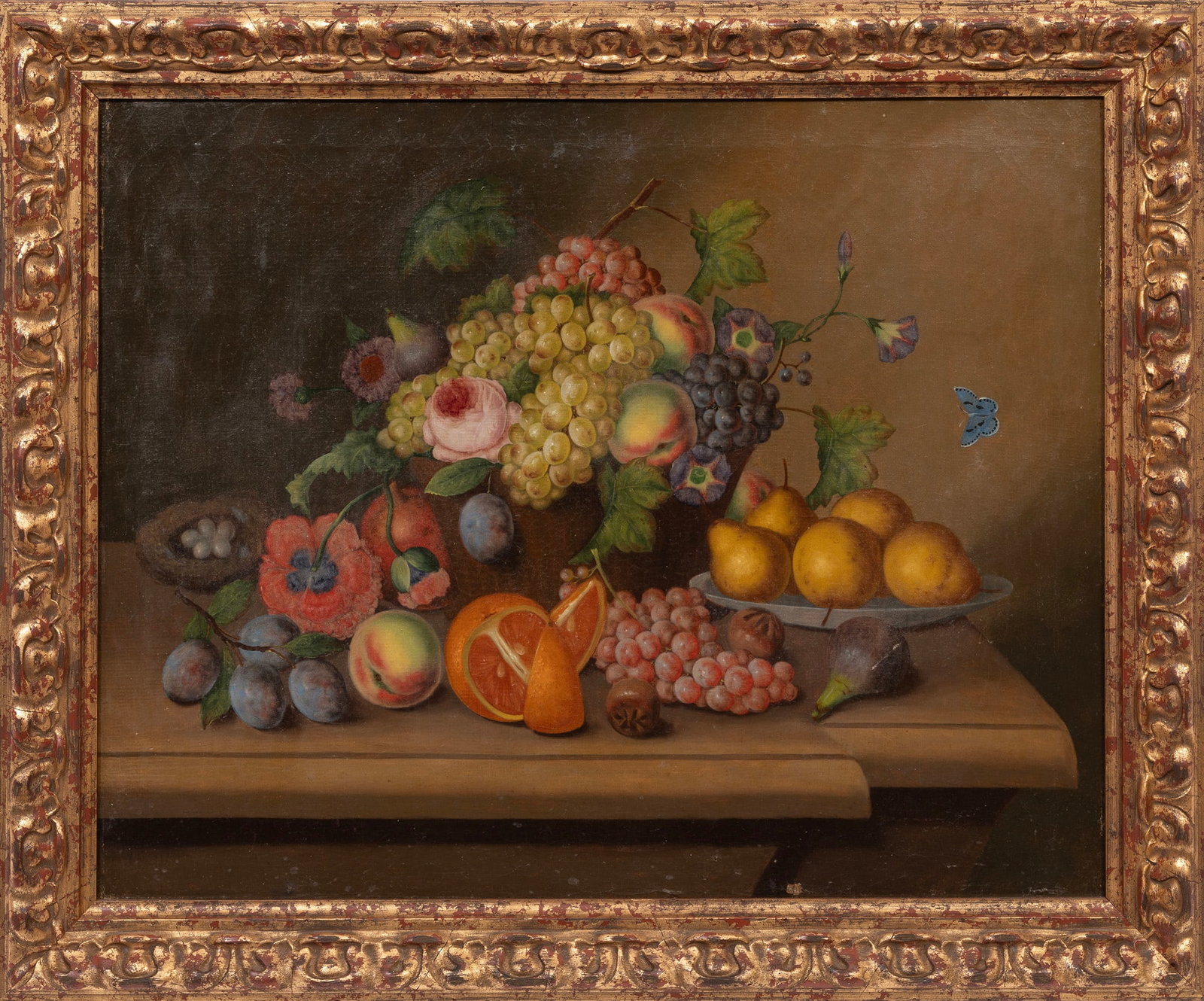 Johann Georg Seitz, Still Life with Orange, Plums and a Bird?s Nest, oil on canvas: Johann Georg Seitz German/Austria, 1810-1870 ?Still Life with Orange, Plums and a Bird?s Nest? oil on canvas unsigned, pencil-signed "G" on stretcher, very faintly inscribed en verso, framed. 21 1/2 x