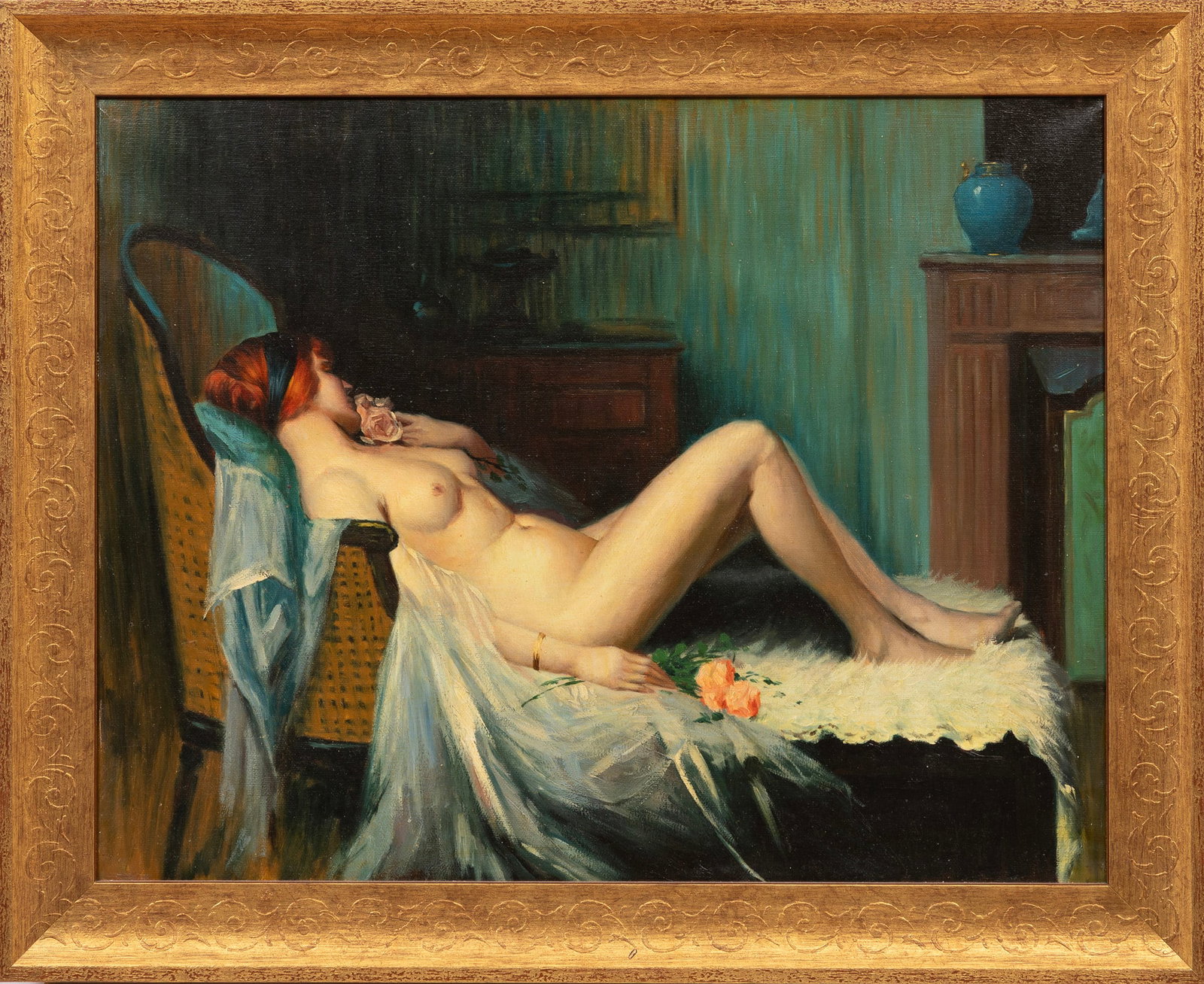 Attributed to Emile Baes, Reclining Nude, oil on canvas: Attributed to Emile Baes Belgian, 1889-1954 "Reclining Nude" oil on canvas unsigned, printed artist label on stretcher, inscribed "g4245" en verso, framed. 14 3/4 x 18 3/4 in. (37.5 x 47.6 cm.), Frame