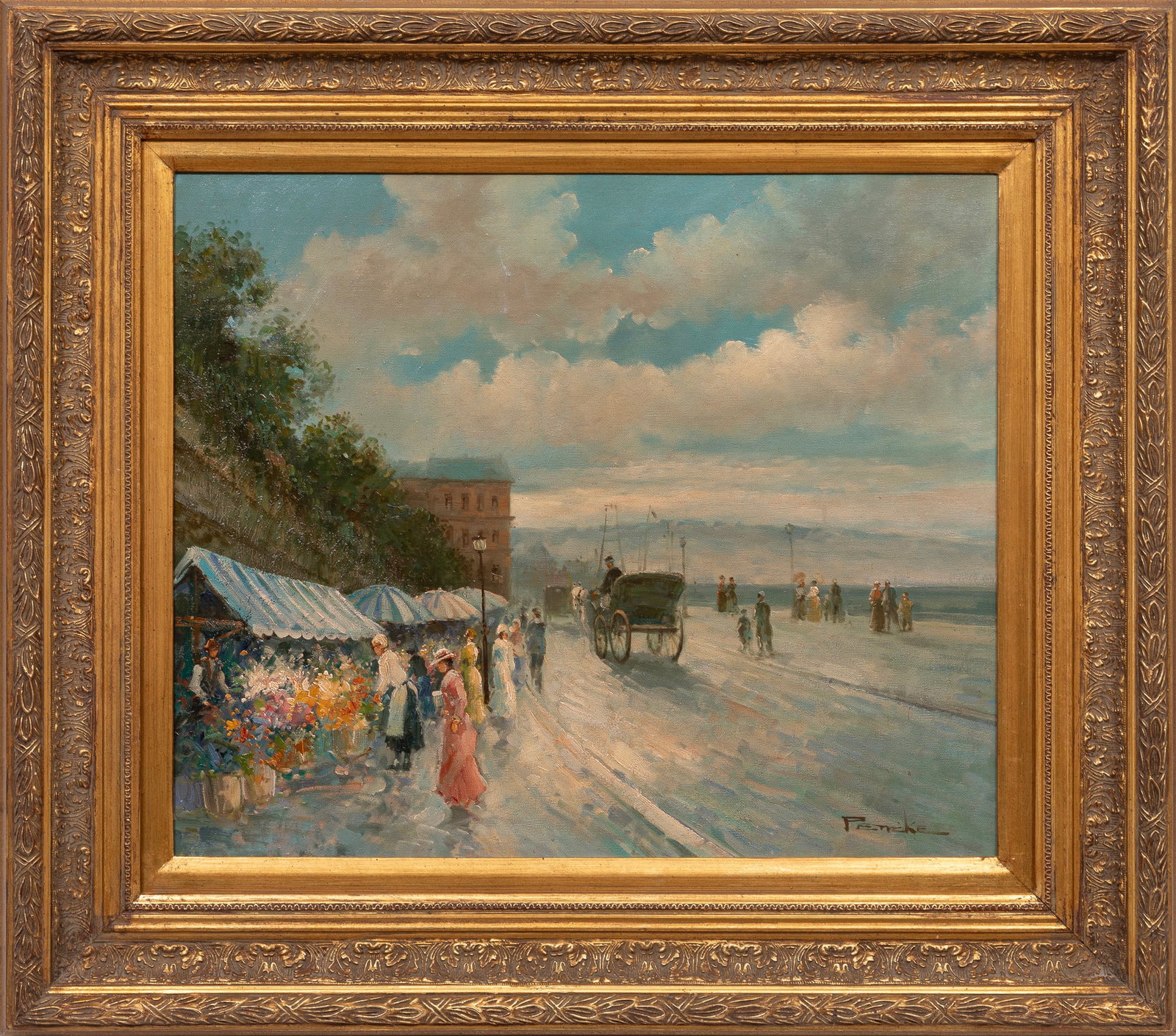 T. E. Pencke, Along the Coast, oil on canvas: T. E. Pencke French, b. 1929 "Along the Coast" oil on canvas signed lower right, framed. 20 x 24 in. (50.8 x 61 cm.), Frame: 29 1/2 x 33 1/2 x 2 1/2 in. (74.9 x 85.1 x 6.4 cm.)