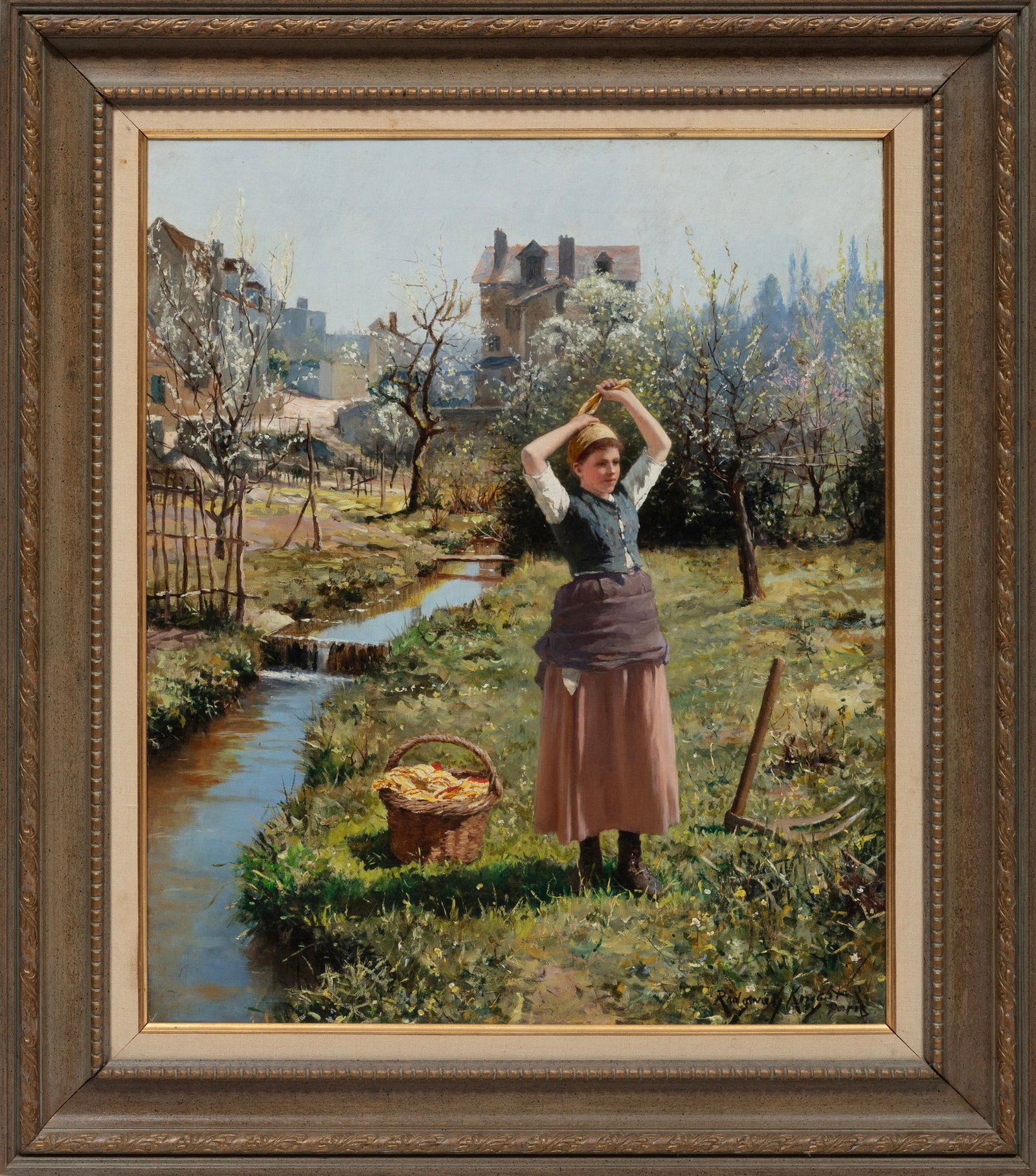 Daniel Ridgway Knight, La Lavandiere, oil on canvas: Daniel Ridgway Knight American/France, 1839-1924 ?La Lavandi?re? oil on canvas signed and localized "Paris" lower right, inscribed "Parke Bernett" and "Dr. J. W. Nelson" on backing paper, framed. Prov