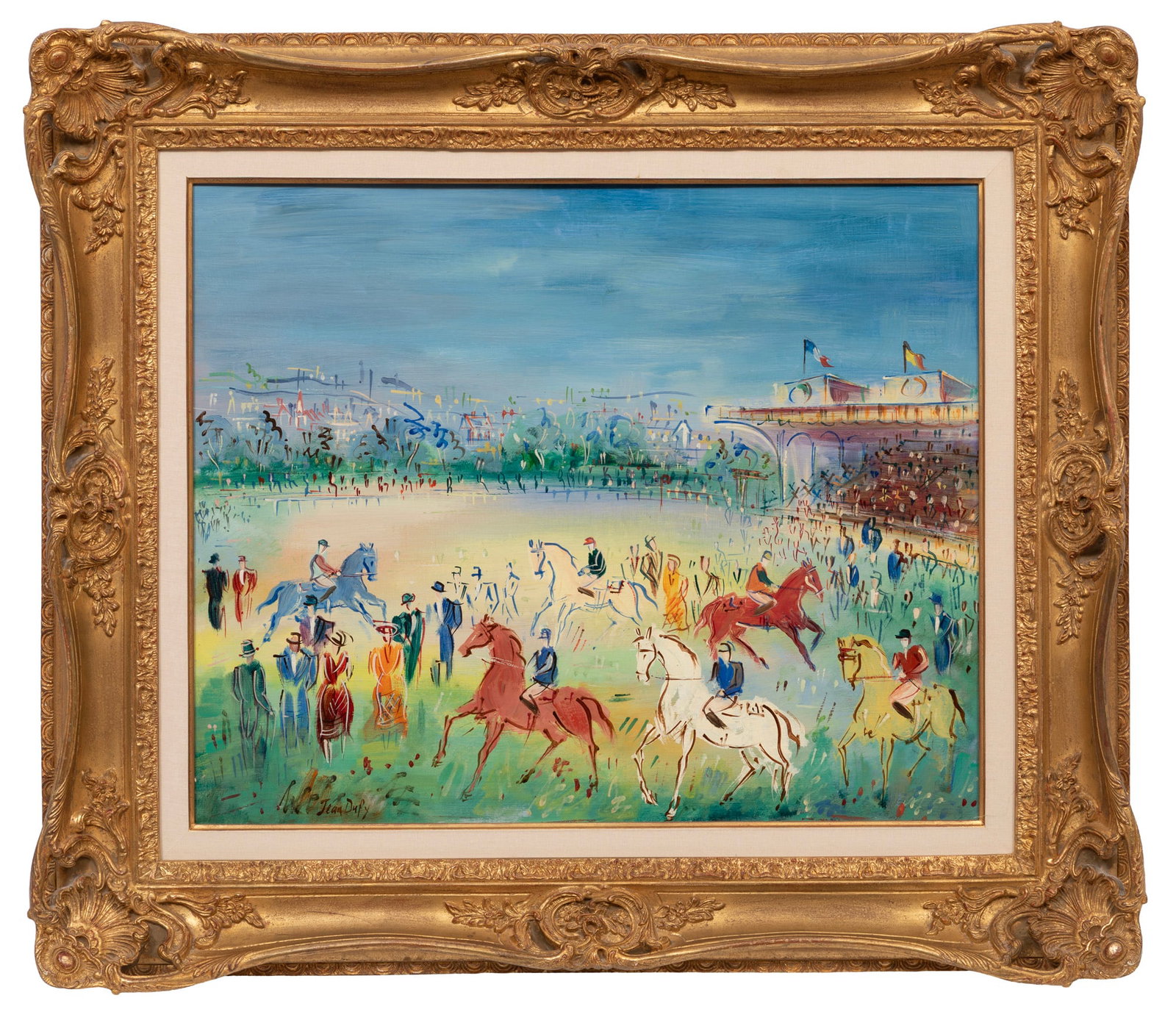 Important Jean Dufy, Champ de courses d'Auteuil, oil on canvas: Jean Dufy French, 1888-1964 ?Champ de courses d'Auteuil? oil on canvas signed lower left, lot sticker on stretcher, "Sotheby's, New York, NY" tag and auction label on reverse of frame, framed. Provena
