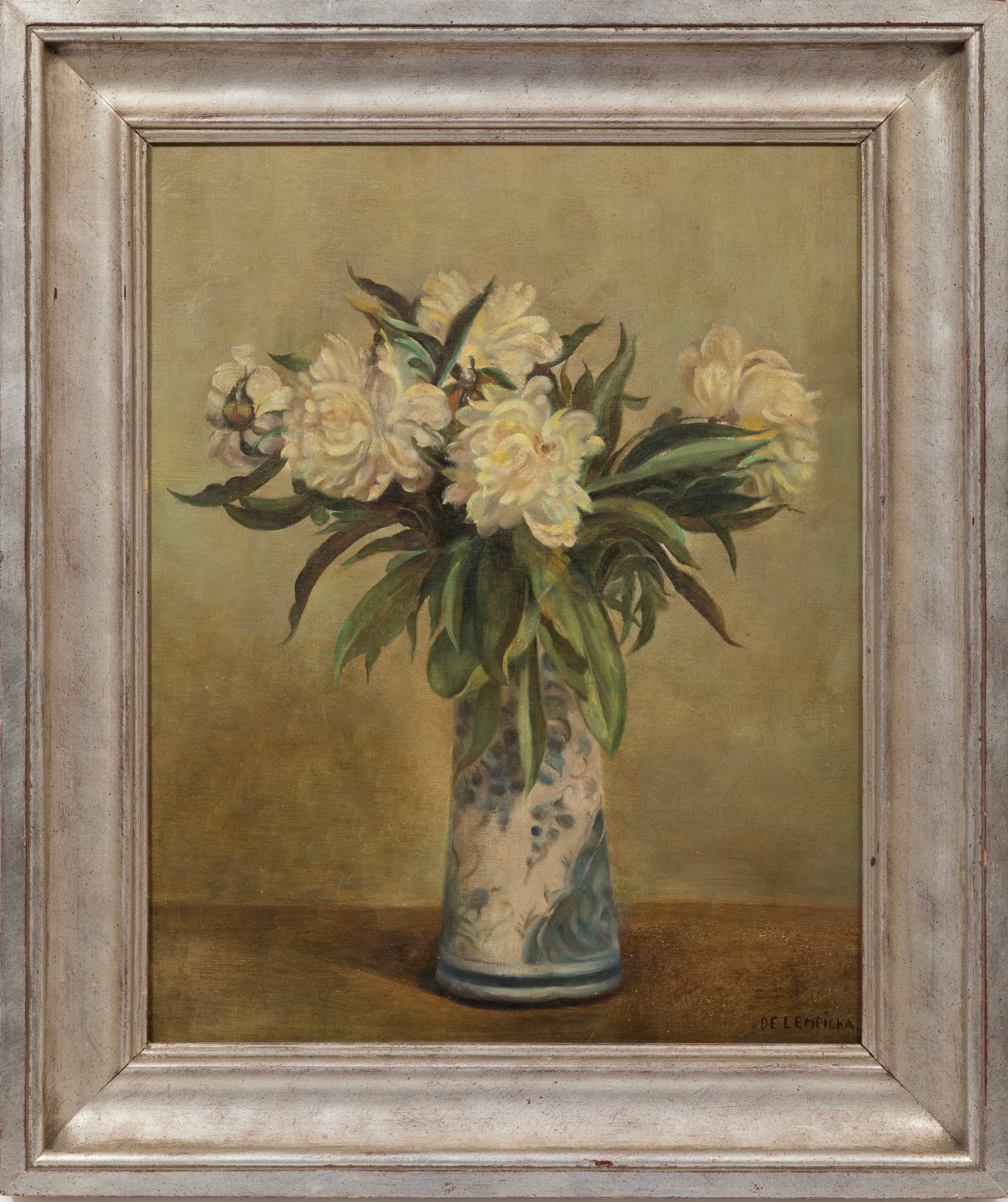 Attributed to Tamara de Lempicka, Peonies in a Blue and White Vase, oil on canvas laid on masonite, (1 of 4)