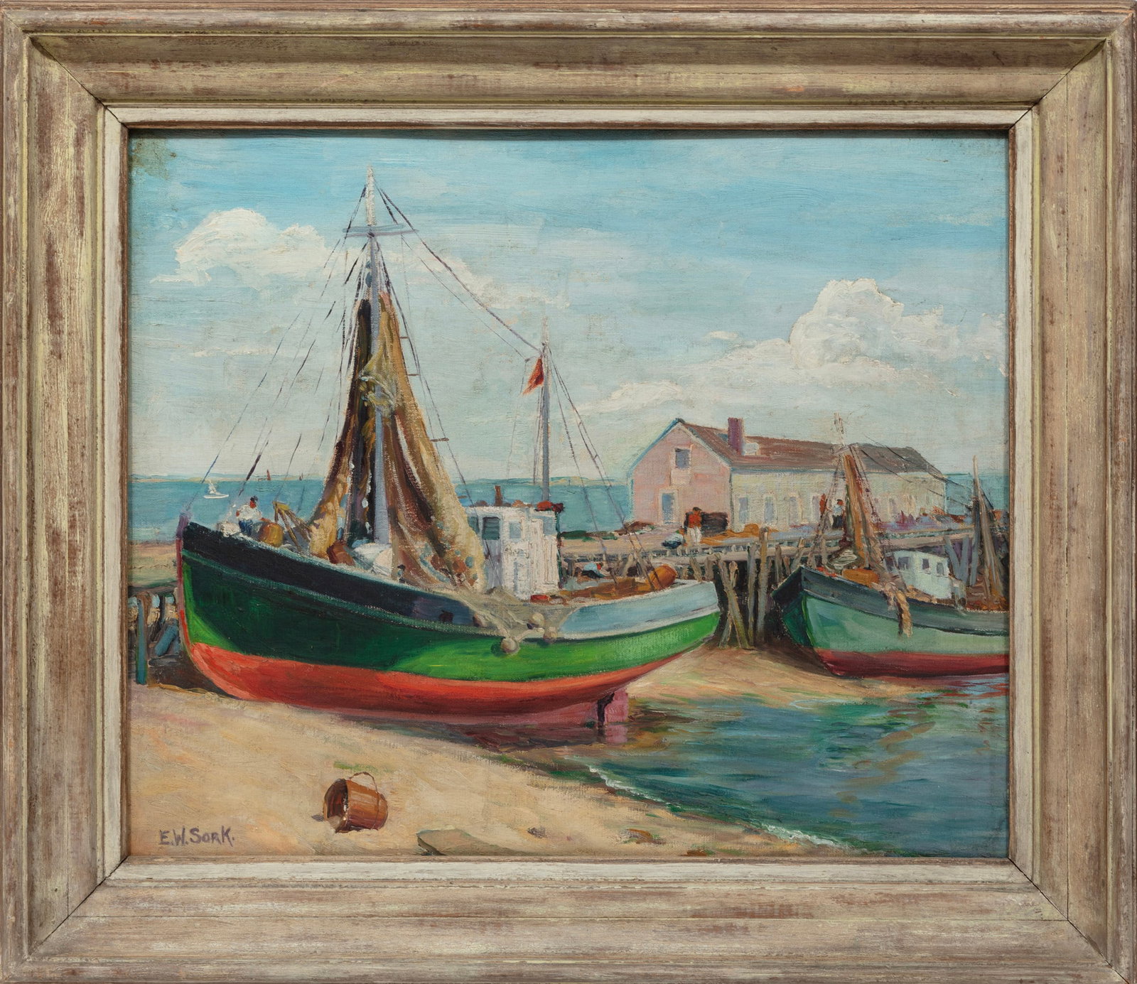 Elsie Sork, Boats in the Harbor, oil on canvas board: Elsie W. Sork American/Pennsylvania, 1895-2000 "Boats in the Harbor" oil on canvas board signed lower left, pencil-inscribed "Mrs. Sork 1908 Panama St." on reverse of frame, framed. 19 7/8 x 23 3/4 in