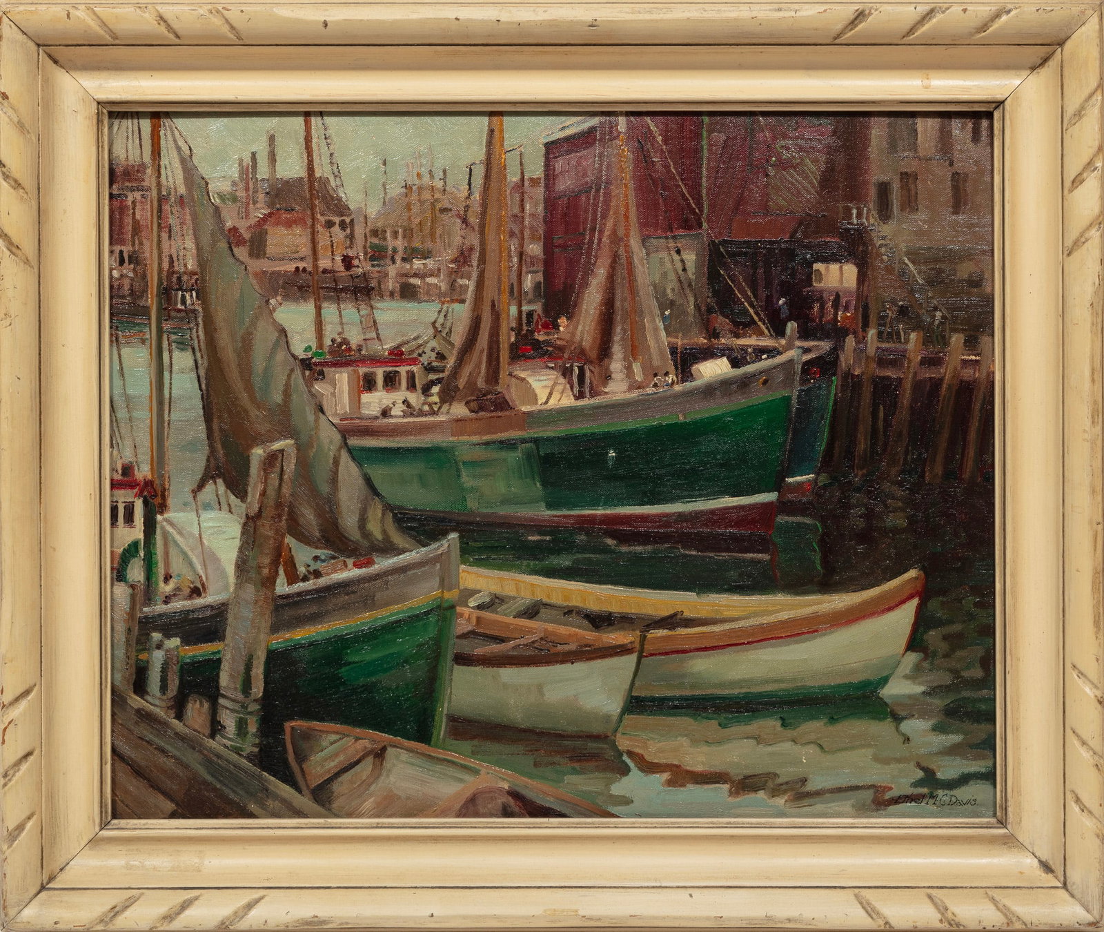 Ethel M.C. Davis, Glouster [sic] Rainy Day, oil on canvas board: Ethel M.C. Davis American/New York, 1898-1968 "Glouster [sic] Rainy Day" oil on canvas board signed lower right, pencil-titled on backing, illegibly inscribed en verso, framed. 16 x 20 in. (40.6 x 50.