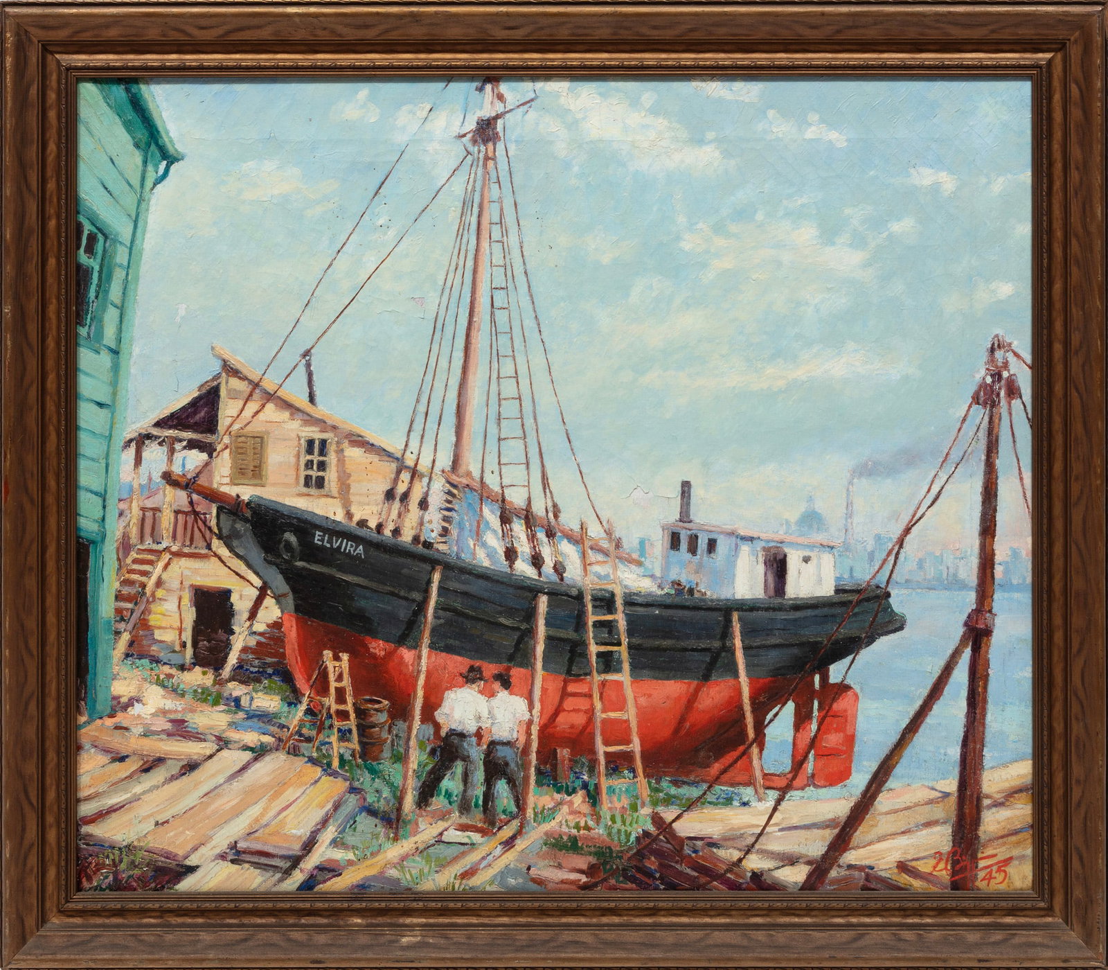 Latin American School, Reparaciones, 1945, oil on canvas: Latin American School 1945 "Reparaciones" oil on canvas illegibly signed and titled, dated and inscribed "S/S Rio Chubut" on stretcher, framed. 20 7/8 x 24 3/8 in. (53 x 61.9 cm.), Frame: 24 1/8 x 27 