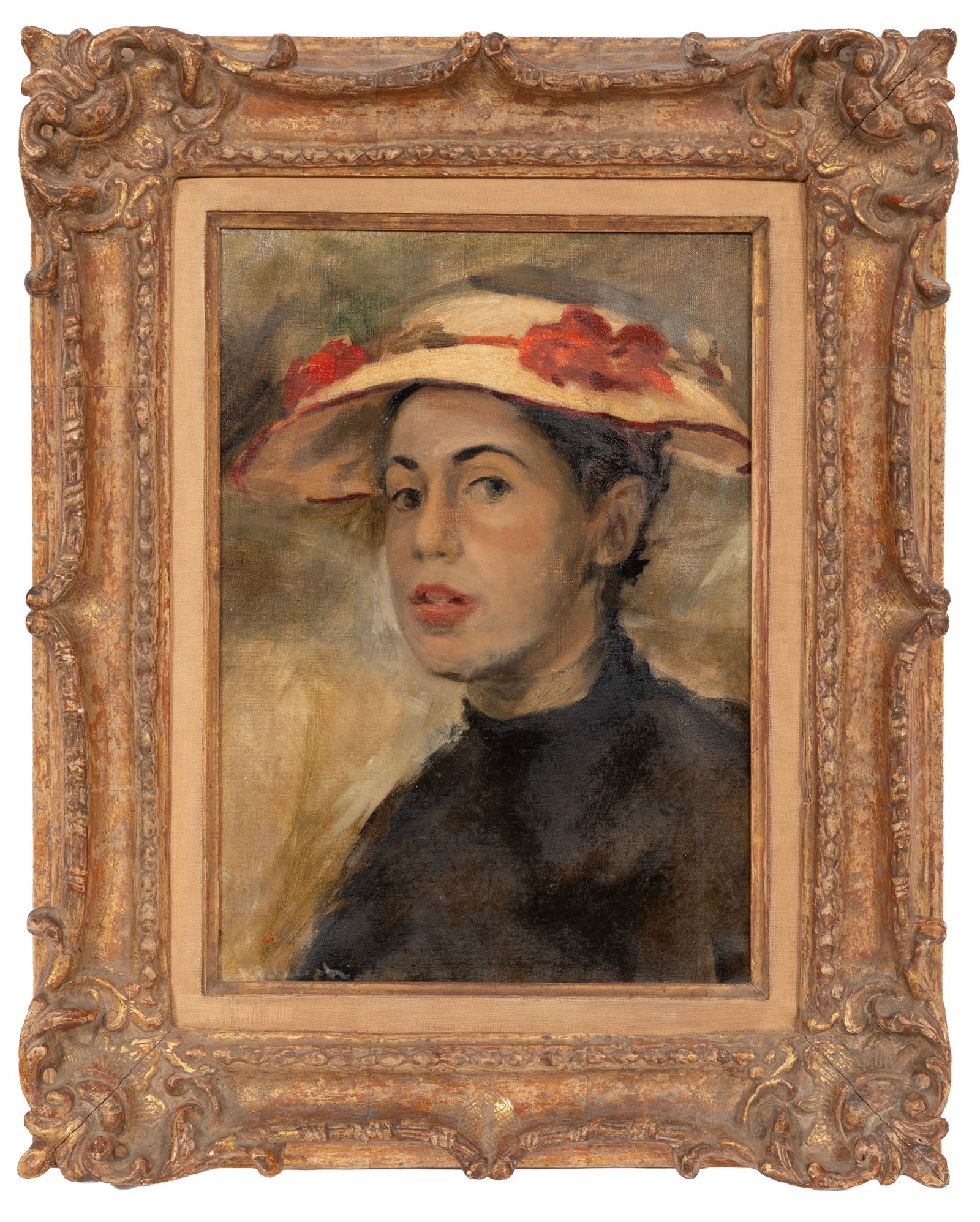 American School, early 20th c., Portrait of a Lady in Hat with Red Flowers, oil on canvas (1 of 3)