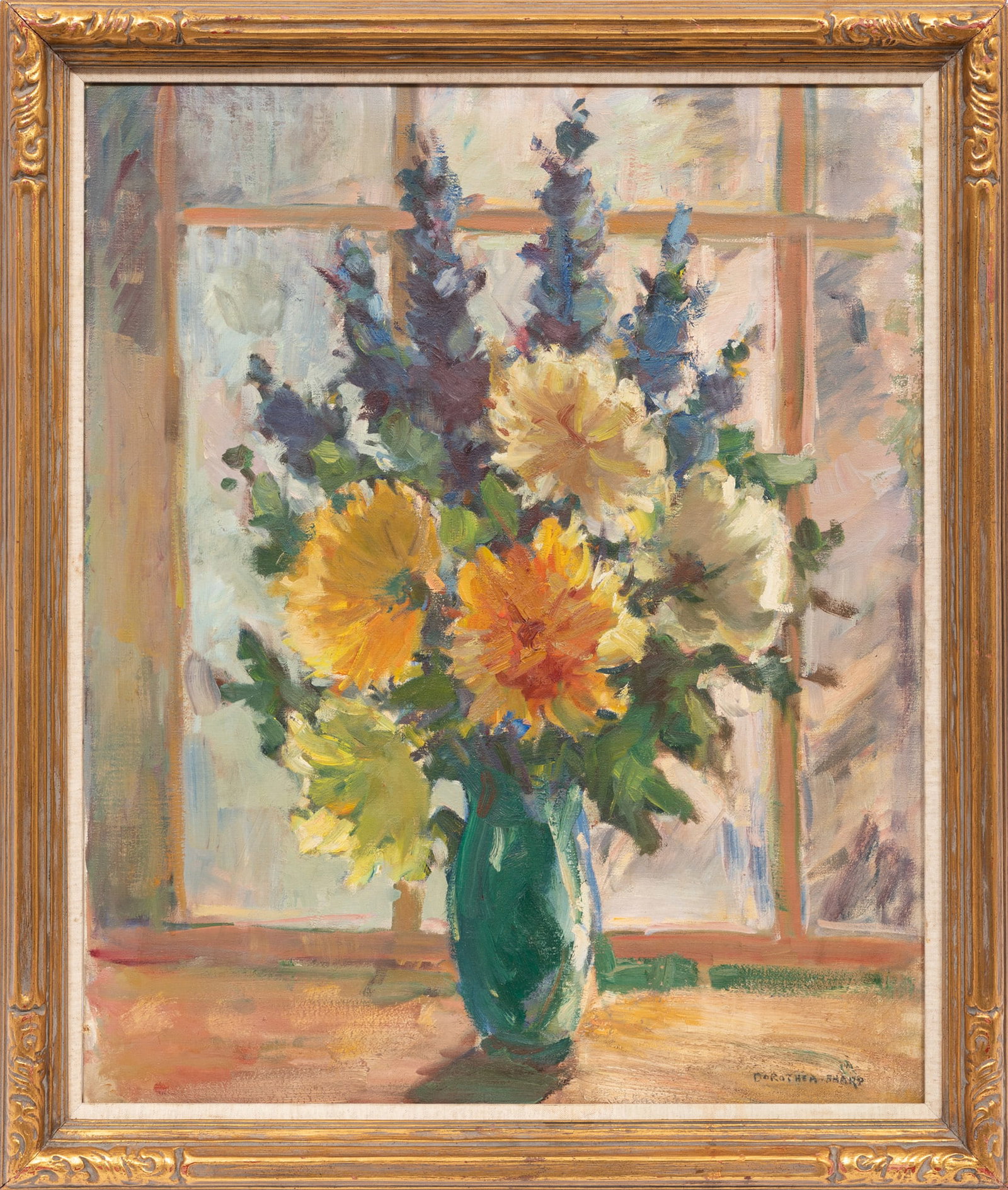 Dorothea Sharp, Floral Still Life, oil on canvas: Dorothea Sharp British, 1874-1955 "Floral Still Life" oil on canvas signed lower right, remnant of label on stretcher, framed. 30 1/8 x 24 1/8 in. (76.5 x 61.3 cm.), Frame: 33 3/8 x 28 3/8 x 1 5/8 in.