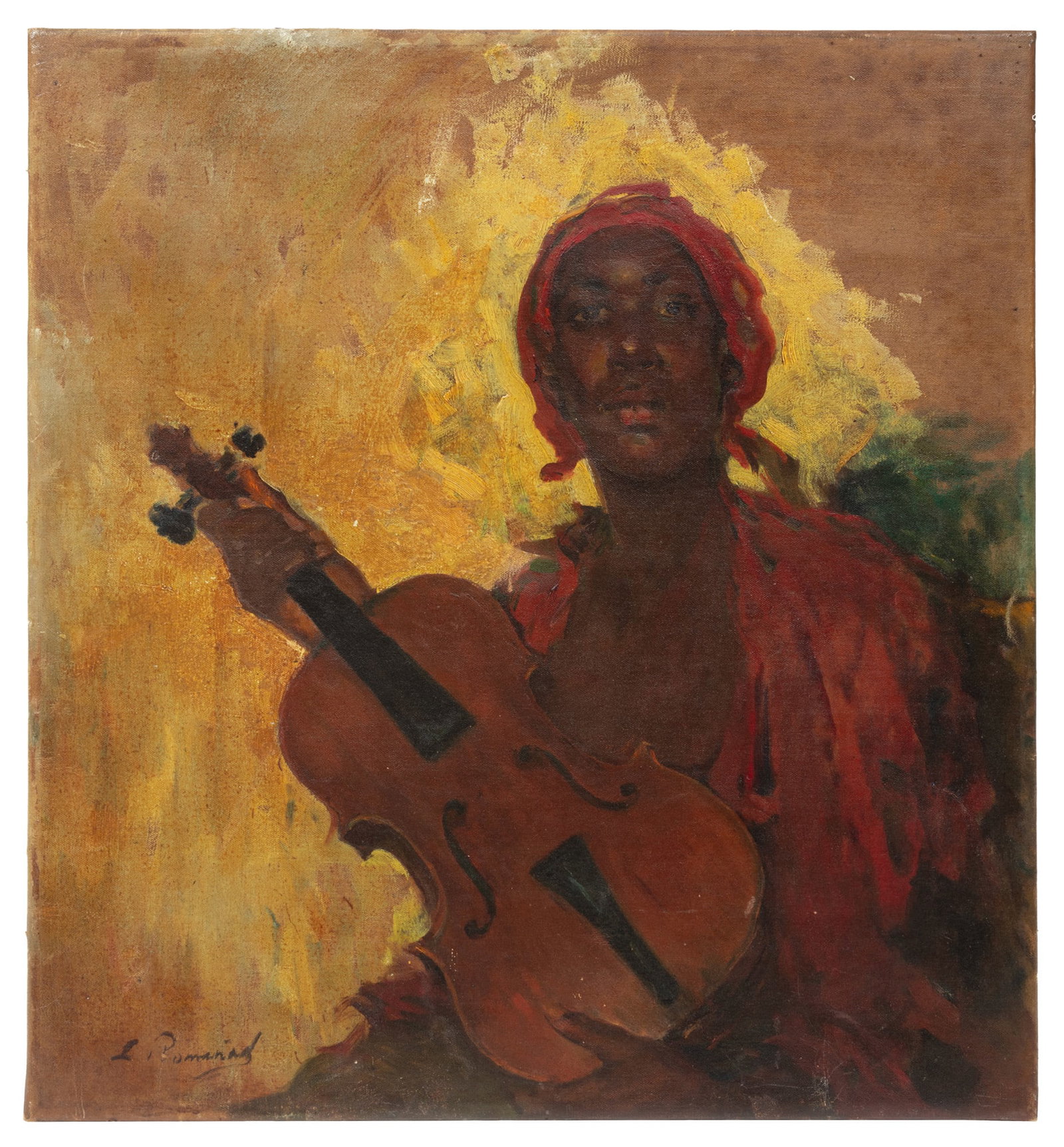 Leopoldo Romanach y Guillen, La Violinista, oil on canvas: Leopoldo Romanach y Guillen Cuban, 1862-1951 ?La Violinista? oil on canvas signed lower left, inscribed en verso, unframed. 24 1/4 x 22 1/4 in. (61.6 x 56.5 cm.)
